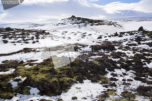 Image of Wide panorama shot of winter mountain landscape, Iceland