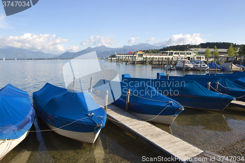 Image of Sailing boats at the pier, Chiemsee, Bavaria