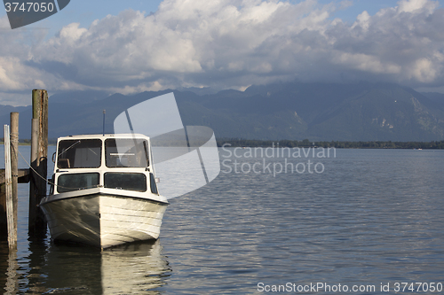 Image of Motor boat at the pier, Chiemsee, Bavaria