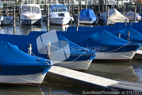 Image of Sailing boats at the pier, Chiemsee, Bavaria