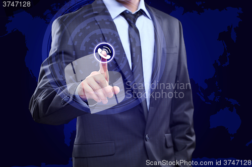 Image of Touching Contact Us Concept on Visual Screen. Businessman pressing button