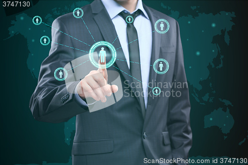 Image of Touching Contact Us Concept on Visual Screen. Businessman pressing button