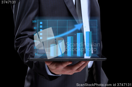 Image of usinessmen, hand touch screen graph on a tablet