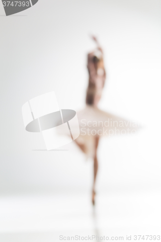 Image of Blurred silhouette of ballerina on white background