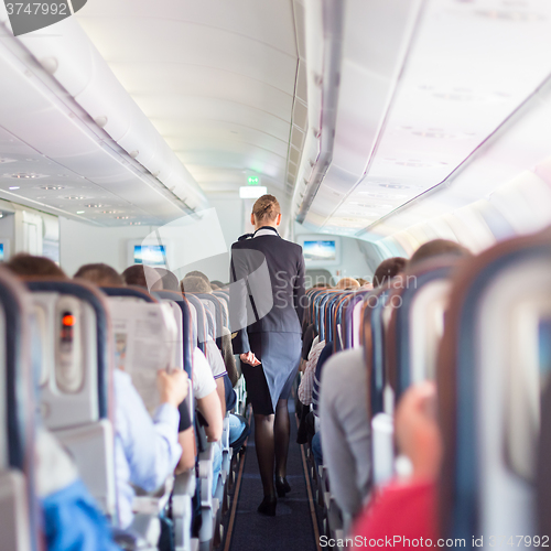 Image of Stewardess and passengers on commercial airplane.