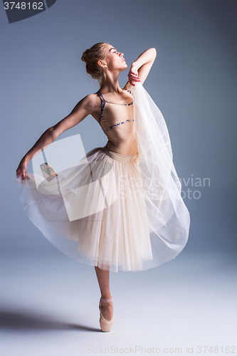 Image of Young beautiful ballerina dancer dancing on a studio background