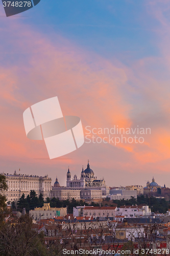 Image of Almudena Cathedral and Royal Palace in Madrid, Spain.