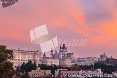 Image of Almudena Cathedral and Royal Palace in Madrid, Spain.