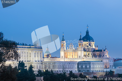 Image of Almudena Cathedral and Royal Palace in Madrid, Spain.