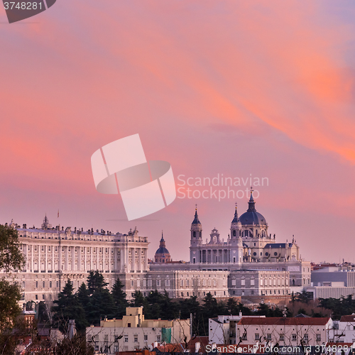 Image of Almudena Cathedral and Royal Palace in Madrid, Spain.