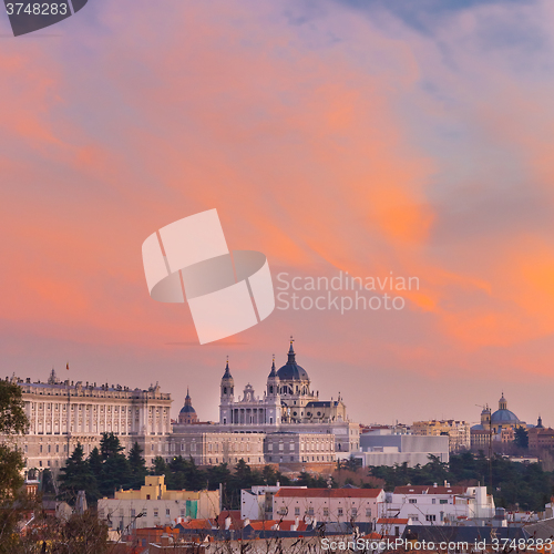 Image of Almudena Cathedral and Royal Palace in Madrid, Spain.