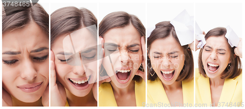 Image of The collage of a beautiful business woman in stress