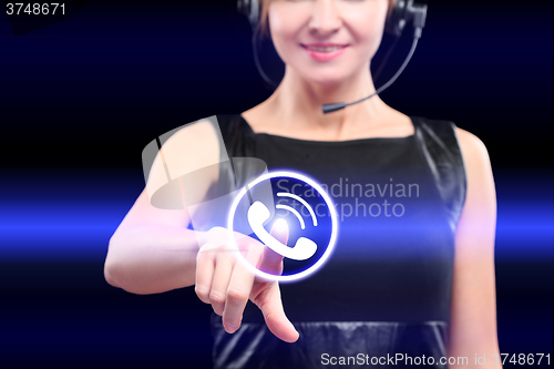 Image of businesswoman, pressing button on touch screen interface and select call.   business concept.