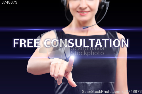 Image of technology, internet and networking concept - businesswoman pressing free consultation button on virtual screens