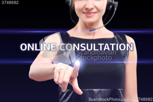 Image of technology, internet and networking concept - businesswoman pressing online consultation button on virtual screens