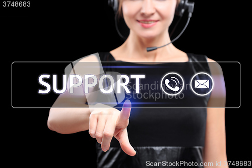 Image of business, technology, and networking concept - businessman pressing support button on virtual screens. women