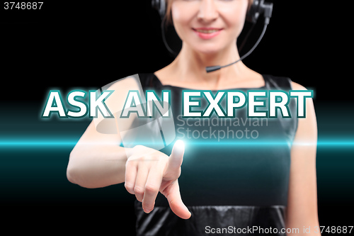Image of businesswoman, Focus on hand pressing Ask an expert button. virtual screens, technology, internet concept. 
