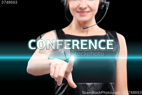 Image of businesswoman, Focus on hand pressing conference button. virtual screens, technology, internet concept.