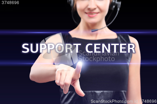 Image of business, technology, and networking concept - businessman pressing support center button on virtual screens. women