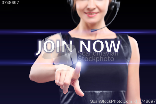 Image of businesswoman,  hand pressing join now button on virtual screens, business concept.