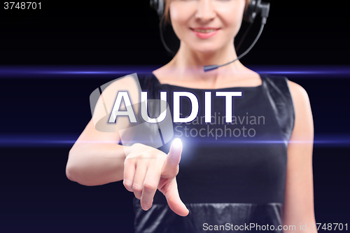 Image of businesswoman pressing audit button on virtual screens, business concept.
