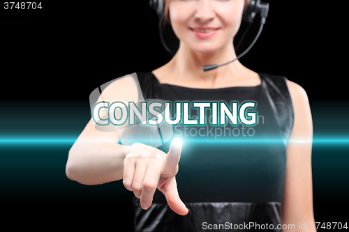 Image of businesswoman, Focus on hand pressing consulting button. virtual screens, technology and internet concept.
