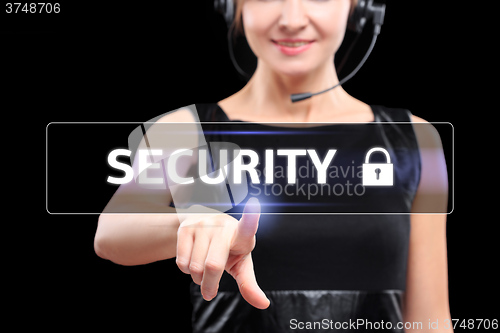 Image of business, networking concept - businessman pressing cyber security button on virtual screens