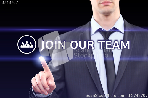 Image of business, technology, internet concept - businessman pressing join our team button on virtual screens
