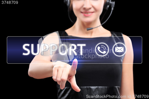 Image of business, technology, and networking concept - businessman pressing support button on virtual screens. women