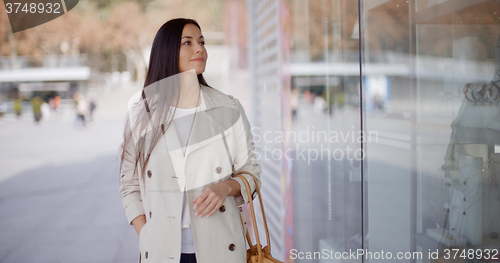 Image of Smiling stylish woman walking past a shop