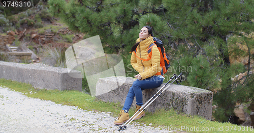 Image of Attractive young woman hiking in the mountains