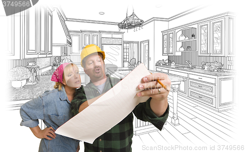 Image of Contractor Discussing Plans with Woman, Kitchen Drawing Behind