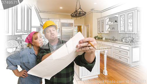 Image of Contractor Discussing Plans with Woman, Kitchen Drawing Photo Be