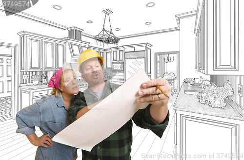 Image of Contractor Discussing Plans with Woman, Kitchen Drawing Behind