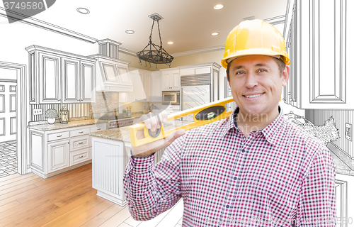 Image of Contractor in Hard Hat Over Custom Kitchen Drawing and Photo