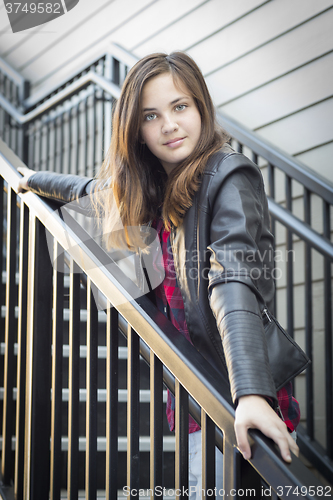 Image of Portrait of Pretty Young Girl Weather Leather Jacket