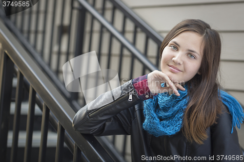 Image of Portrait of Pretty Young Girl Weather Leather Jacket