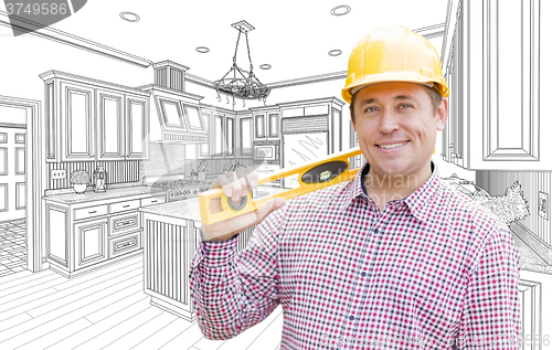 Image of Contractor in Hard Hat with Level Over Custom Kitchen Drawing