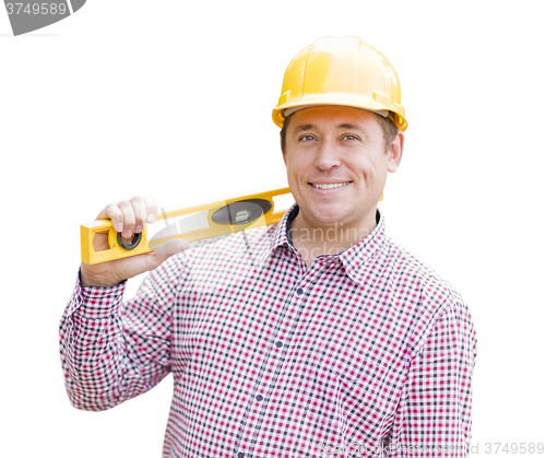 Image of Young Male Contractor with Hard Hat and Level on White