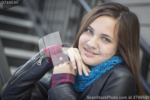 Image of Portrait of Pretty Young Girl Weather Leather Jacket