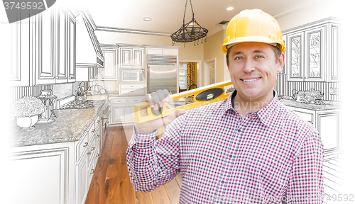 Image of Contractor in Hard Hat Over Custom Kitchen Drawing and Photo