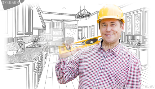 Image of Contractor in Hard Hat with Level Over Custom Kitchen Drawing