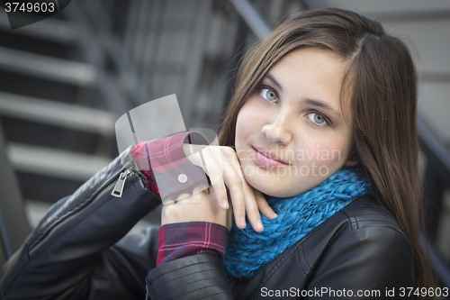 Image of Portrait of Pretty Young Girl Weather Leather Jacket