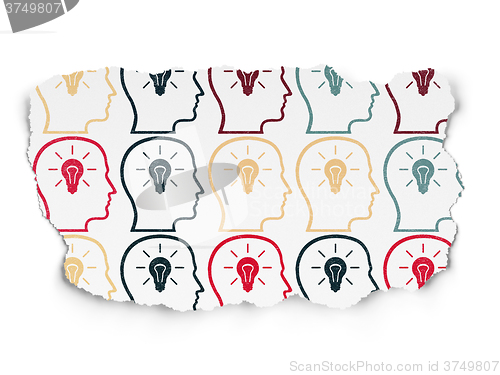 Image of Advertising concept: Head With Lightbulb icons on Torn Paper background