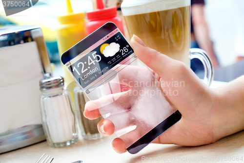 Image of Smartphone with transparent screen in human hands.