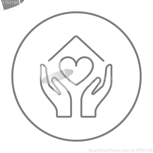 Image of Hands holding house symbol with heart shape line icon.