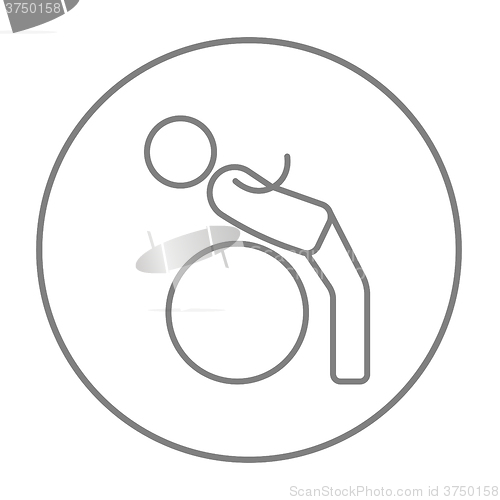 Image of Man doing exercises lying on gym ball line icon.