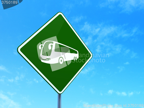 Image of Vacation concept: Bus on road sign background
