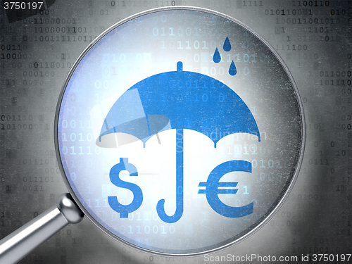 Image of Privacy concept: Money And Umbrella with optical glass on digital background