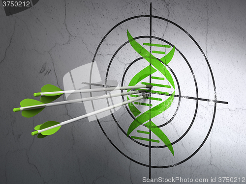 Image of Science concept: arrows in DNA target on wall background
